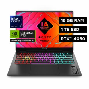 Laptop HP Gaming OMEN Transcend 14-fb0001la, Intel Core Ultra 7, 16 GB RAM, GPU NVIDIA® GeForce RTX™ 4060, 1 TB SSD, 14", Windows 11 Home - 14" - Cubierta en negro sombra (A0DH6LA)