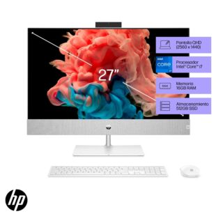 HP Pavilion 27-ca2005la AiO PC, Windows 11 Home Single Language, 27", Intel® Core™ i7, 16GB RAM, 512GB SSD, NVIDIA® GeForce RTX™ 3050, QHD - 27-inch (68.58 cm) - Soporte en plata natural y blanco nieve (A38S3LA)