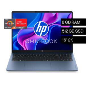 Laptop HP OmniBook 3 16-by0030la, AMD Ryzen 3, 8 GB RAM, 512 GB SSD, 16" 2K, Windows 11 Home - 16" - Cubierta y marco del teclado color glacier silver con base de lona gris (D6ZJ8LA)