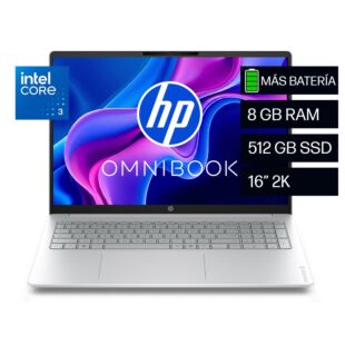 Laptop HP OmniBook 3 16-bu0030la, Intel Core 3, 8 GB RAM, 512 GB SSD, 16" 2K, Windows 11 Home - 16" - Cubierta y marco del teclado color glacier silver con base de lona gris (D6ZN4LA)