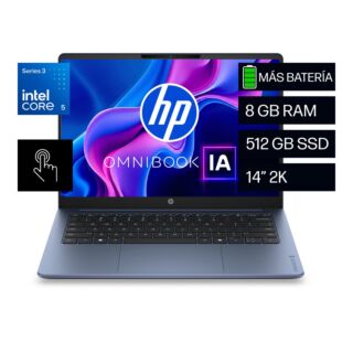 Laptop HP OmniBook 3 AI 14-ht0061la, Intel Core 5, 8 GB RAM, 512 GB SSD, 14" Táctil 2K, Windows 11 Home - 14" - Cubierta y marco del teclado iluminados en color starlit blue con base color iron gray (DX7B8LA)