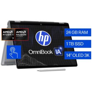 Laptop HP OmniBook X Flip AI 14-fk0074la, AMD Ryzen AI 7, 24 GB RAM, 1 TB SSD, 14" Táctil 3K 120Hz, Windows 11 Home - 14" - Aluminio de color plata natural (BM2M0LA)