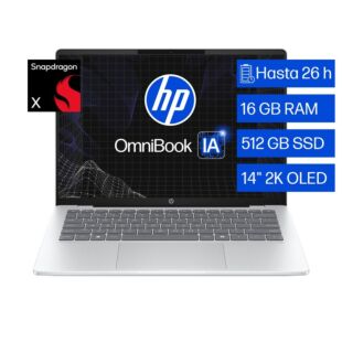 Laptop HP Omnibook 5 NGAI 14-HE0000LA, Qualcomm Snapdragon, 16 GB, 512 GB SSD, 14, 2K Windows 11 Home - 14" - Aluminio de color plata glaciar (C1GP4LA)