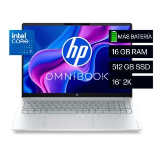 Laptop HP OmniBook 3 16-bu0070la, Intel Core 7, 16 GB RAM, 512 GB SSD, 16" 2K, Windows 11 Home - 16" - Cubierta y marco del teclado color glacier silver con base de lona gris (D6ZU5LA)