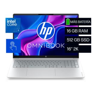 Laptop HP OmniBook 3 16-bu0072la, Intel Core 7, 16 GB RAM, 512 GB SSD, 16" Táctil 2K, Windows 11 Home - 16" - Cubierta y marco del teclado color glacier silver con base de lona gris (D6ZU7LA)