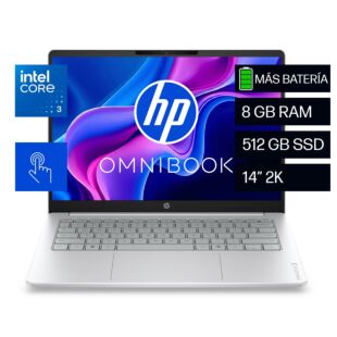 Laptop HP OmniBook 3 14-hu0032la, Intel Core 3, 8 GB RAM, 512 GB SSD, 14" Táctil 2K, Windows 11 Home - 14" - Cubierta y marco del teclado color glacier silver con base de lona gris (D70RSLA)