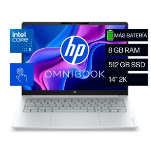 Laptop HP OmniBook 3 14-hu0052la, Intel Core 5, 8 GB RAM, 512 GB SSD, 14" Táctil 2K, Windows 11 Home - 14" - Cubierta y marco del teclado color glacier silver con base de lona gris (D70RTLA)