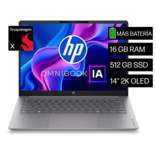 Laptop HP OmniBook 3 AI 14-hz0051la, Snapdragon X, 16 GB RAM, 512 GB SSD, 14" OLED 2K, Windows 11 Home - 14" - Cubierta y marco de teclado plateados Nouvelle, base plateada moderna (D8DA8LA)