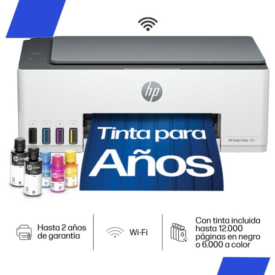 Impresora Multifuncional HP Smart Tank 580, Tinta Continua, Color, Wi-Fi, Smart App, Escaner (1F3Y2A) (1F3Y2A)