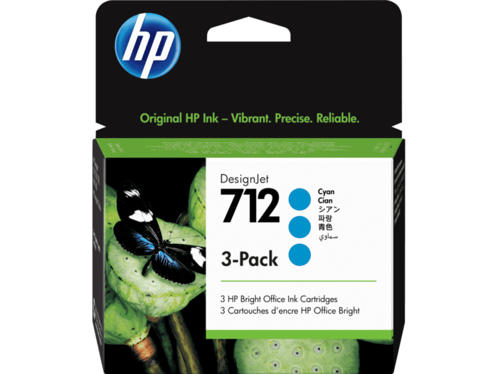 Pack de 3 Cartucho de Tinta HP 712 Cian DesignJet Original (3ED77A) - Center facing