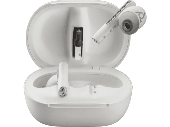 Audífonos Poly Voyager Free 60+ UC M, blanco arena + adaptador BT700 USB-A + estuche de carga con pantalla táctil (7Y8G7AA)