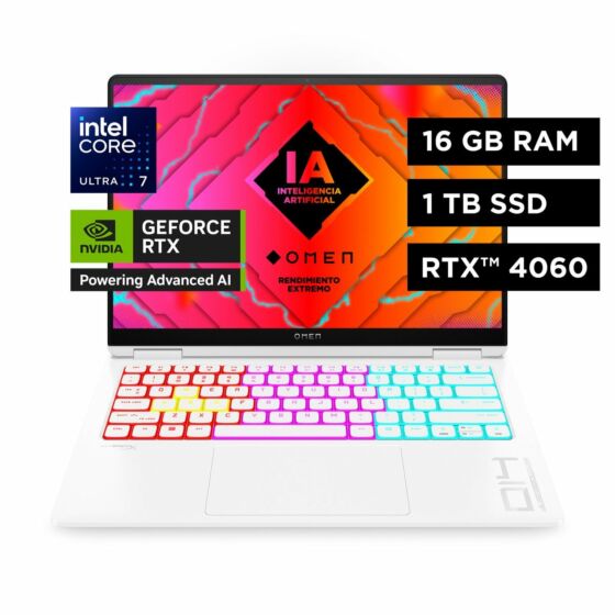 Laptop HP Gaming OMEN Transcend 14-fb0000la, Intel Core Ultra 7, 16 GB RAM, GPU NVIDIA® GeForce RTX™ 4060, 1 TB SSD, 14", Windows 11 Home - 14" - Aluminio blanco cerámico (A0AP2LA)
