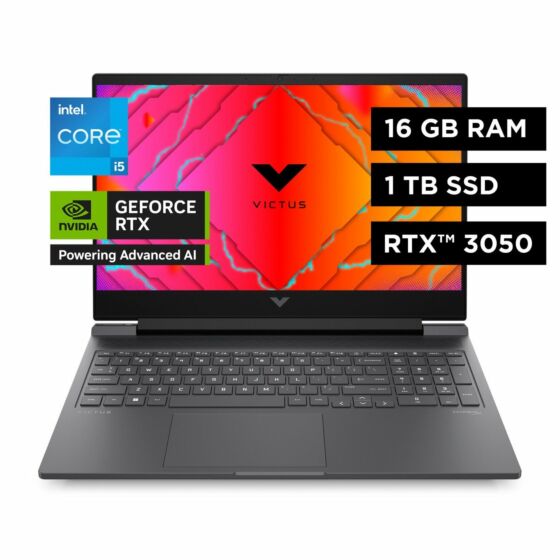 Laptop HP Gaming Victus 16-r1004la, Intel Core i5, 16 GB RAM GPU de portátil NVIDIA® GeForce RTX™ 3050 (GDDR6 de 6 GB dedicada), 1 TB SSD, 16.1", FHD Windows 11 Home - 16.1" - Plata mica, logotipo cromado negro (A14LVLA)