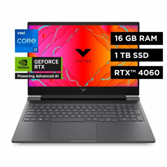 Laptop HP Gaming Victus 16-r1015la, Windows 11 Home Single Language, 16.1", Intel® Core™ i7, 16GB RAM, 1TB SSD, GPU NVIDIA® GeForce RTX™ 4060, FHD - 16.1" - Plata mica, logotipo cromado negro (A14LXLA)