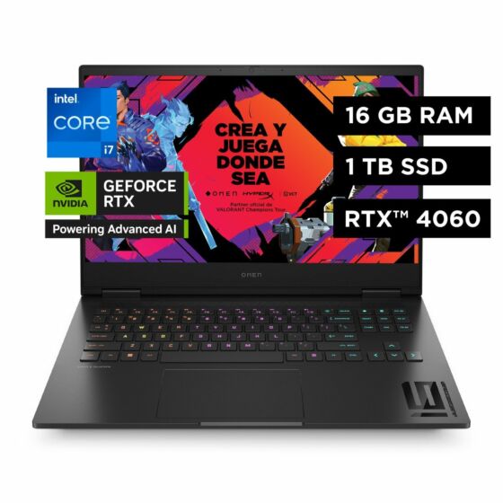 Laptop HP Gaming OMEN 16-wd0012la, Intel Core i7, 16 GB RAM, GPU NVIDIA® GeForce RTX™ 4060, 1 TB SSD, 16.1" FHD, Windows 11 Home - 16.1" - Logotipo cromado negro y negro sombra (A14LZLA)