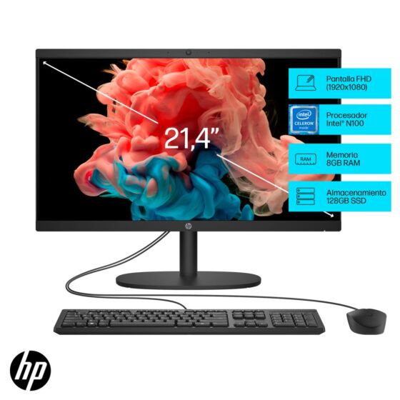 All-in-One HP 22-dg0009la, Windows 11 Home Single Language, 21.45", Intel® Celeron®, 8GB RAM, FHD - 21.45-inch (54.48 cm) - Negro (A47BXLA)