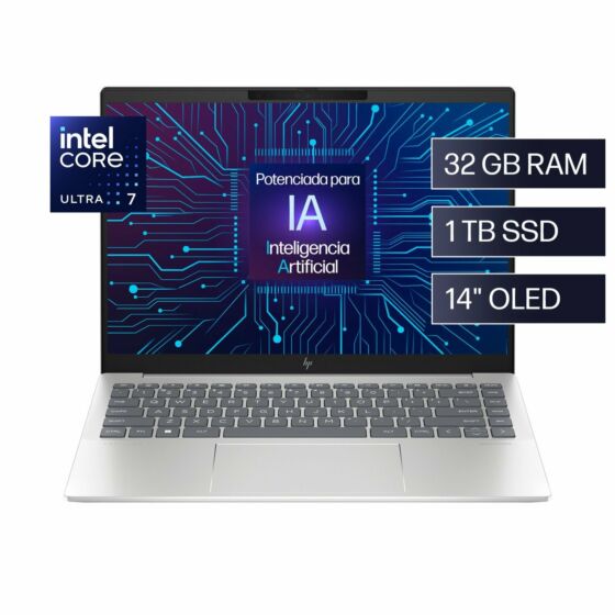 HP Pavilion Plus Laptop 14-ew1002la, Windows 11 Home Single Language, 14", Intel® Core™ Ultra 7, 32GB RAM, 1TB SSD, 2.8K, Plateado natural - 14" - Aluminio de color plata natural (A6QL1LA)