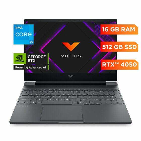 Laptop HP Gaming VICTUS 15-fa2701la, Intel Core i5, 16 GB RAM, NVIDIA® GeForce RTX™ 4050, 512 GB SSD, 15.6" FHD, Windows 11 Home - 15.6" - Plata mica, logotipo cromado negro (B81JGLA)