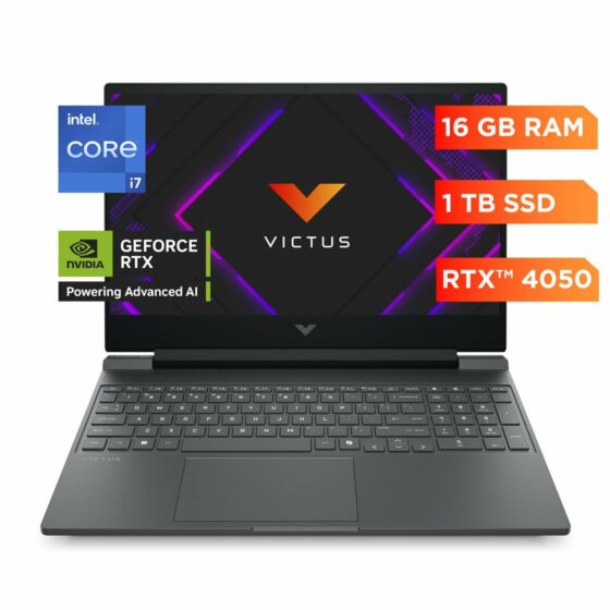 Laptop HP Gaming Victus 15-fa2012la, Intel Core i7, 16 GB RAM, NVIDIA GeForce RTX 4050, 1 TB SSD, 15.6" FHD 144 Hz, Windows 11 Home - 15.6" - Plata mica, logotipo cromado negro (BA1U3LA)