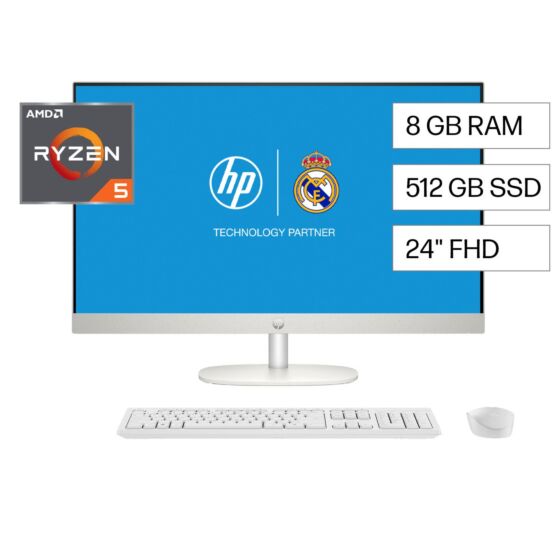 All in One HP 24-cr0255la, AMD Ryzen 5, 8 GB RAM, 512 GB SSD, 23.8" Táctil FHD, Windows 11 Home - 23.8-inch (60.45 cm) - Blanco nácar (BA1V7LA)