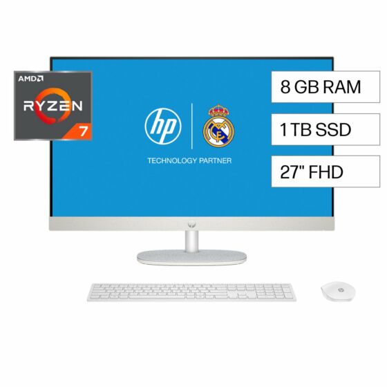 All in One HP 27-cr0272la, AMD Ryzen 7, 8 GB RAM, 1 TB SSD, 27" FHD, Windows 11 Home - 27-inch (68.58 cm) - Blanco nácar (BA1W5LA)