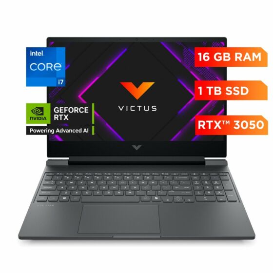 Laptop HP Gaming Victus 15-fa2019la, Intel Core i7, 16 GB RAM, NVIDIA GeForce RTX 3050, 1 TB SSD, 15.6" FHD 144 Hz, Windows 11 Home - 15.6" - Plata mica, logotipo cromado negro (BF9V1LA)