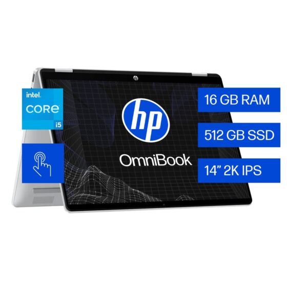 Laptop HP OmniBook 5 Flip 14-fp0054la, Intel Core i5, 16 GB RAM, 512 GB SSD, 14" 2K Táctil, Windows 11 Home - 14" - Glacier silver (BM2M5LA)