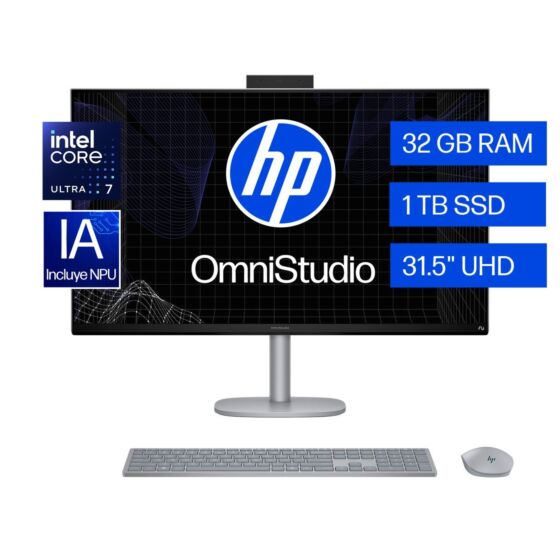 All-in-One HP OmniStudio X  32-c1271la, Windows 11 Home, Intel® Core™ Ultra 7, 32GB, 1 TB SSD, Gráficos Intel® Arc™ - 31.5" - Plata meteoro (BM6P2LA)