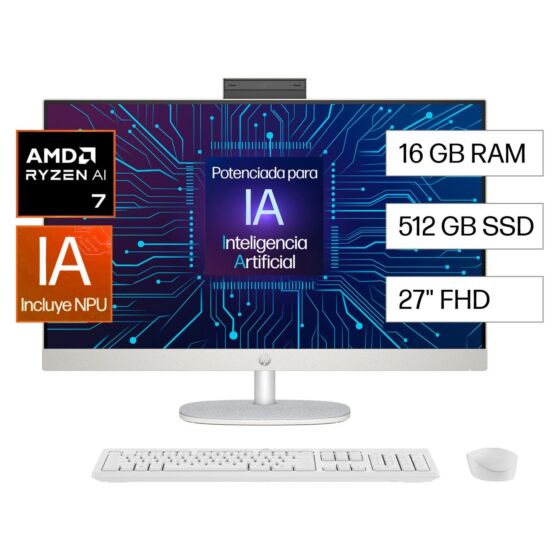 All-in-One HP AI 27-ct2271la, AMD Ryzen AI 7, 16 GB RAM, 512 GB SSD, 27" Táctil FHD, Windows 11 Home - 27-inch (68.58 cm) - Blanco nácar (BM8Z1LA)