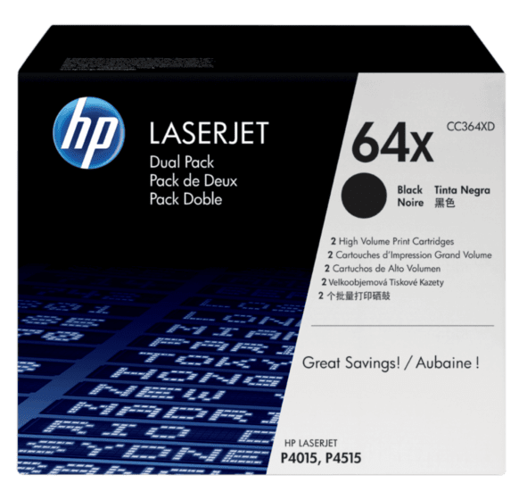 Pack de 2 Cartuchos de Tóner HP 64X Negro Alto Rendimiento LaserJet Original (CC364XD) - Center facing