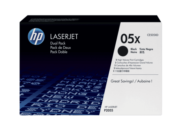 Pack de 2 Cartuchos de Tóner HP 05X Negro Alto Rendimiento LaserJet Original (CE505XD) - Center facing