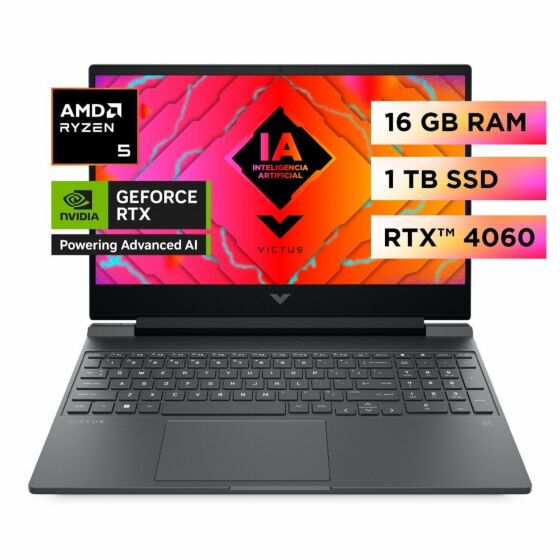 Laptop HP Gaming Victus 15-fb2024la, AMD Ryzen 5, 16 GB RAM, GPU NVIDIA® GeForce RTX™ 4060, 1 TB SSD, 15.6" FHD, Windows 11 Home - 15.6" - Plata mica, logotipo cromado oscuro (A14LSLA)