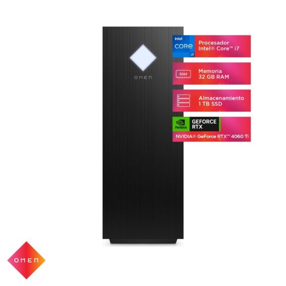 OMEN by HP 25L Gaming Desktop GT14-2004la PC, Windows 11 Home Single Language, Intel® Core™ i7, 32GB RAM, 1TB SSD, NVIDIA® GeForce RTX™ 4060 Ti - Negro, logotipo cromado oscuro (A14M2LA)