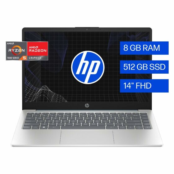 Laptop HP 14-em0017la, Windows 11 Home Single Language, 14", AMD Ryzen™ 5, 8GB RAM, 512GB SSD, FHD - 14" - Cubierta azul claro de luna, base y marco de teclado en plata natural (A1UC5LA)