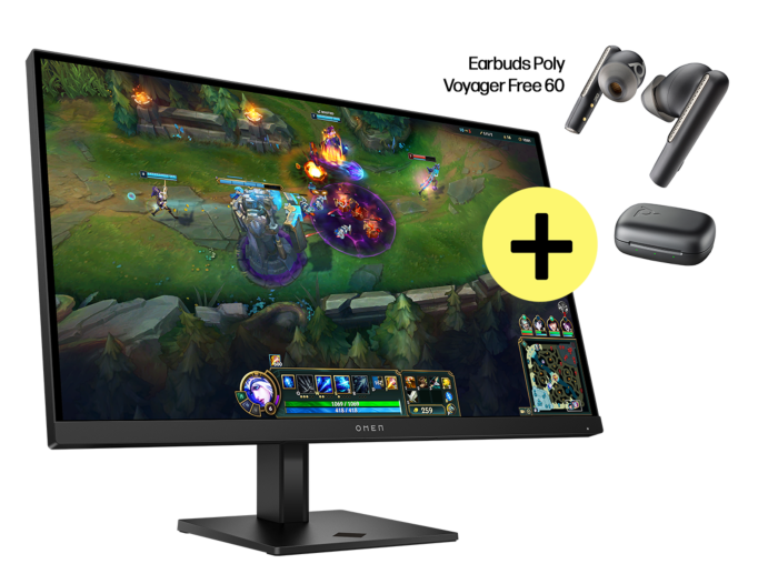 Monitor HP Gaming Full HD, 180 Hz - OMEN 27" G2 (AV4K1AA) + Earbuds HP Poly Voyager Free 60 UC - AV4K1AA