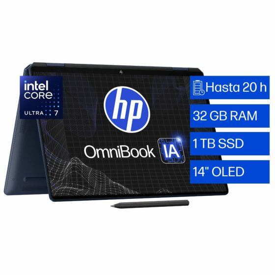 Laptop HP OmniBook Ultra Flip 14 AI 14-fh0000la, Intel Core Ultra 7, 32 GB RAM, 1 TB SSD, 14" Táctil 2.8K 120Hz, Windows 11 Home - 14" - Azul atmosférico (B09KKLA)