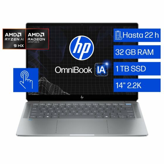 Laptop HP OmniBook Ultra 14-fd0001la, AMD Ryzen AI 9, 32 GB RAM, 1 TB SSD, 14" Táctil 2.2K, Windows 11 Home - 14" - Aluminio de color plata natural (B84FFLA)