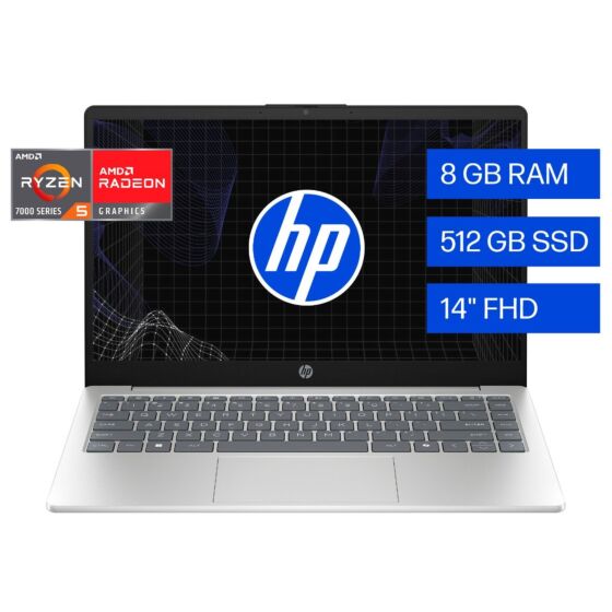 Laptop HP 14-em0251la, AMD Ryzen 5, 8 GB RAM, 512 GB SSD, 14" FHD, Windows 11 Home - 14" - Plateado natural (B9TM0LA)