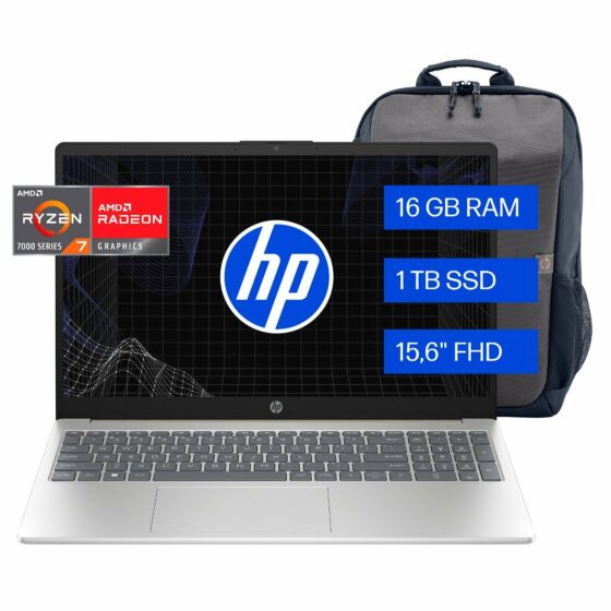 Laptop HP 15-fc0280la, AMD Ryzen 7, 16 GB RAM, 1 TB SSD, 15.6" FHD, Windows 11 Home + Mochila HP Travel - 15.6" - Cubierta dorada cálida, base y marco de teclado en plata natural (B9TR9LA)