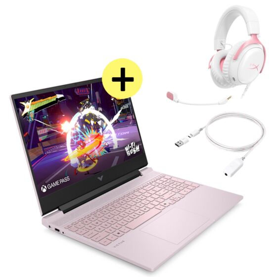Laptop HP Gaming VICTUS 15-fa2010la + HyperX Cloud III - Auriculares gaming (blanco/rosa) (9W1Q4AA) - 15.6" - Rosa empolvado, logotipo cromado (HP-BN1J9LA)