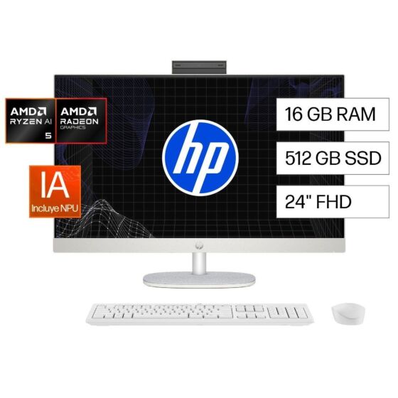 All in One HP Next Gen AI 24-ct2250la, AMD Ryzen AI 5, 16 GB RAM, 512 GB SSD, 23.8" FHD, Windows 11 Home - 23.8" - Blanco nácar (BA1W1LA)