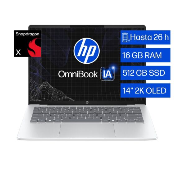 Laptop HP Omnibook 5 NGAI 14-HE0000LA, Qualcomm Snapdragon, 16 GB, 512 GB SSD, 14, 2K Windows 11 Home - 14" - Aluminio de color plata glaciar (C1GP4LA)