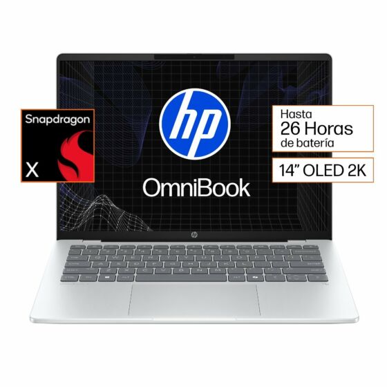 Laptop HP Omnibook 5 NGAI 14-HE0000LA, Qualcomm Snapdragon, 16 GB, 512 GB SSD, 14, 2K Windows 11 Home - 14" - Aluminio de color plata glaciar (C1GP4LA)