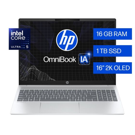 Laptop HP OmniBook 5 AI 16-af1050la, Intel Core Ultra 5, 16 GB RAM, 1 TB SSD, 16" 2K, Windows 11 Home - 16" - Aluminio de color plata glaciar (C34C2LA)
