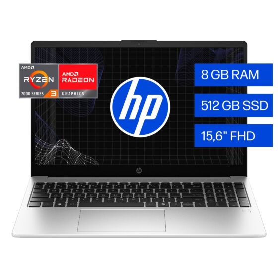 Laptop HP 255R, G10, 15.6", Windows 11 Home Single Language, AMD Ryzen™ 3, 8GB RAM, 512GB SSD, FHD, Plata turbo - 15.6" - Plata turbo (C7GP0AT)