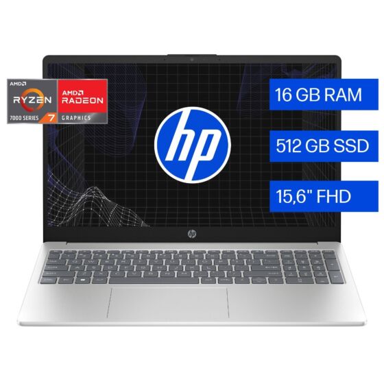 Laptop HP 15-fc0288la, AMD Ryzen 7, 16 GB RAM, 512 GB SSD, 15.6" FHD, Windows 11 Home - 15.6" - Plateado natural (C92PYLA)