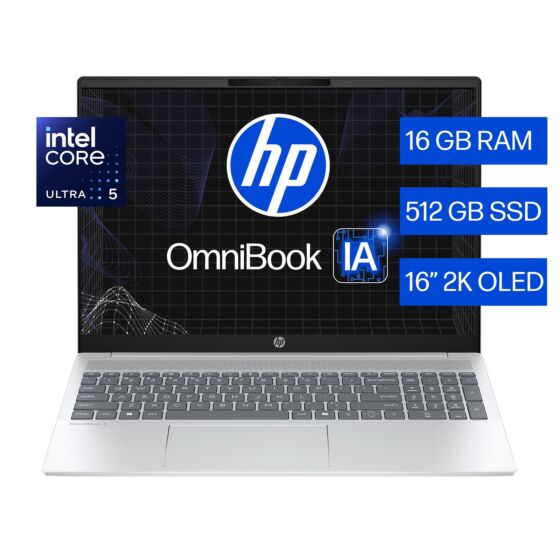 Laptop HP OmniBook 5 AI PC 16-af1053la, Intel Core Ultra 5, 16 GB RAM, 512 GB SSD, 16" 2K, Windows 11 Home - 16" - Aluminio de color plata glaciar (CK4N4LA)