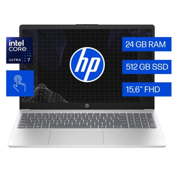 Laptop HP AI 15-fd2377la, Intel Core Ultra 7, 24 GB RAM, 512 GB SSD, 15.6" Pantalla táctil FHD, Windows 11 Home - 39,6 cm (15,6") - Plateado natural
 (D2KB0LA)