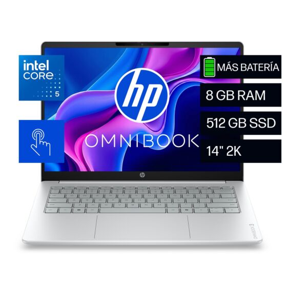Laptop HP OmniBook 3 14-hu0052la, Intel Core 5, 8 GB RAM, 512 GB SSD, 14" Táctil 2K, Windows 11 Home - 14" - Cubierta y marco del teclado color glacier silver con base de lona gris (D70RTLA)