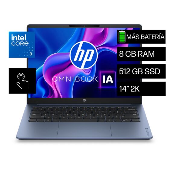Laptop HP OmniBook 3 AI 14-ht0031la, Intel Core 3, 8 GB RAM, 512 GB SSD, 14" Táctil 2K, Windows 11 Home - 14" - Cubierta y marco del teclado iluminados en color starlit blue con base color iron gray (DW7P0LA)